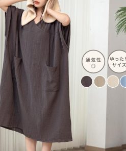 湯上りワンピース ガーゼ ワンピース ルームウェア レディース パジャマ ゆったり リラックス Vネック ドルマンスリーブ ポケット 夏