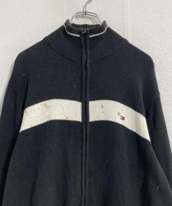 TOMMY HILFIGER ニット セーター L ブラック ホワイト トミーヒルフィガー ジップアップ 古着卸 アメリカ仕入 a609-7114